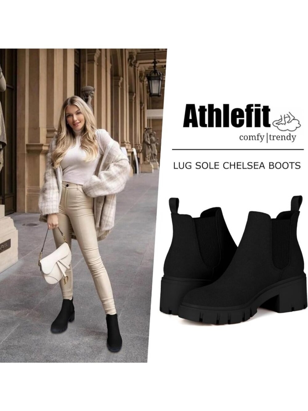 Women's Black Suede Fashion Lug Sole Chunky Heel Chelsea Boots - Picture 2 of 6